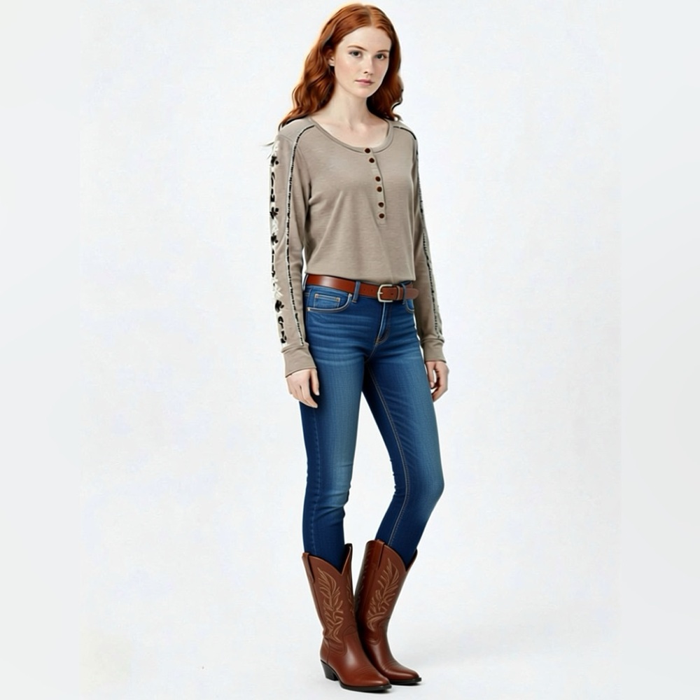 Cruel Brand Embroidered Cotton Raw Seam Henley in Tan, Size XL